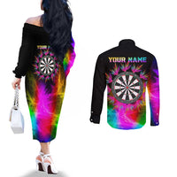 Personalized Colorful Neon Darts Couples Matching Off The Shoulder Long Sleeve Dress and Long Sleeve Button Shirt with Bold Abstract Background - Wonder Print Shop