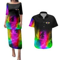 Personalized Colorful Neon Darts Couples Matching Puletasi and Hawaiian Shirt with Bold Abstract Background - Wonder Print Shop