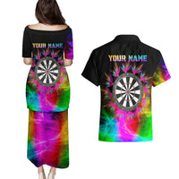 Personalized Colorful Neon Darts Couples Matching Puletasi and Hawaiian Shirt with Bold Abstract Background - Wonder Print Shop