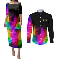 Personalized Colorful Neon Darts Couples Matching Puletasi and Long Sleeve Button Shirt with Bold Abstract Background - Wonder Print Shop
