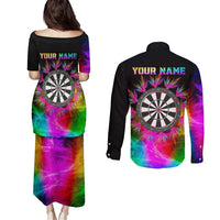 Personalized Colorful Neon Darts Couples Matching Puletasi and Long Sleeve Button Shirt with Bold Abstract Background - Wonder Print Shop