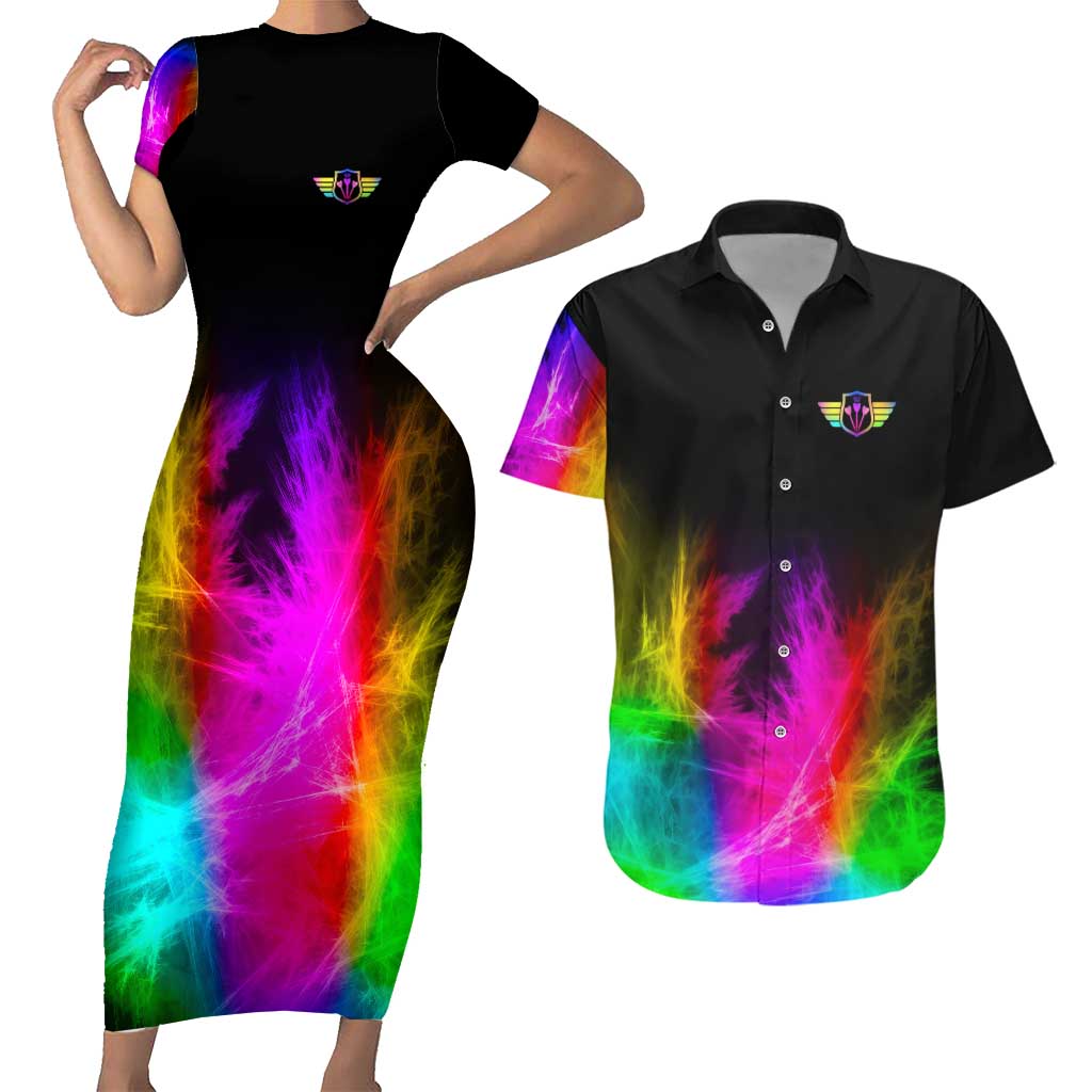 Personalized Colorful Neon Darts Couples Matching Short Sleeve Bodycon Dress and Hawaiian Shirt with Bold Abstract Background - Wonder Print Shop