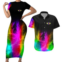 Personalized Colorful Neon Darts Couples Matching Short Sleeve Bodycon Dress and Hawaiian Shirt with Bold Abstract Background - Wonder Print Shop