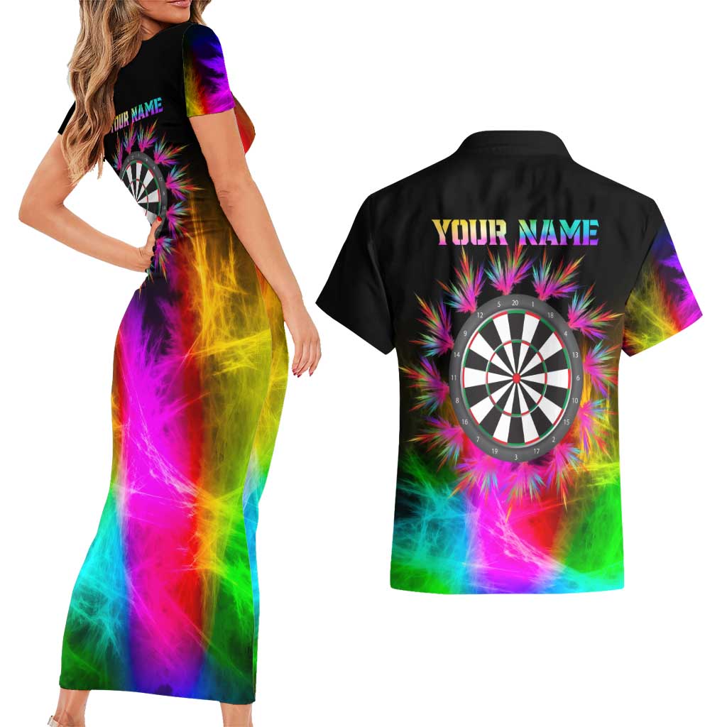 Personalized Colorful Neon Darts Couples Matching Short Sleeve Bodycon Dress and Hawaiian Shirt with Bold Abstract Background - Wonder Print Shop