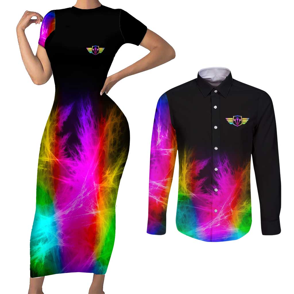 Personalized Colorful Neon Darts Couples Matching Short Sleeve Bodycon Dress and Long Sleeve Button Shirt with Bold Abstract Background - Wonder Print Shop