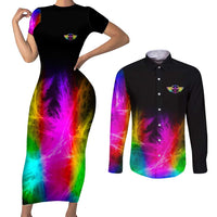 Personalized Colorful Neon Darts Couples Matching Short Sleeve Bodycon Dress and Long Sleeve Button Shirt with Bold Abstract Background - Wonder Print Shop