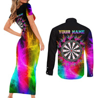 Personalized Colorful Neon Darts Couples Matching Short Sleeve Bodycon Dress and Long Sleeve Button Shirt with Bold Abstract Background - Wonder Print Shop