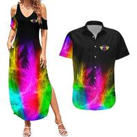Personalized Colorful Neon Darts Couples Matching Summer Maxi Dress and Hawaiian Shirt with Bold Abstract Background - Wonder Print Shop