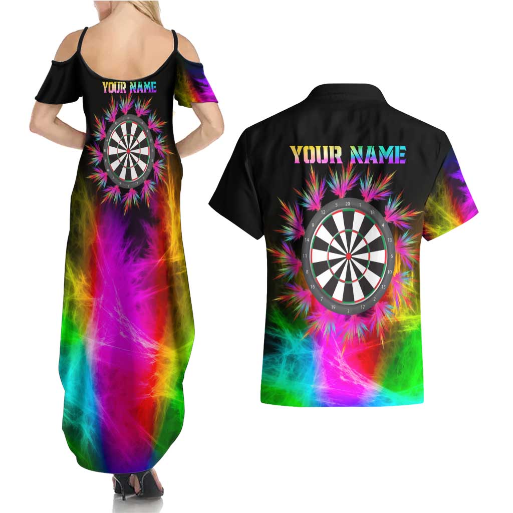 Personalized Colorful Neon Darts Couples Matching Summer Maxi Dress and Hawaiian Shirt with Bold Abstract Background - Wonder Print Shop