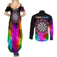 Personalized Colorful Neon Darts Couples Matching Summer Maxi Dress and Long Sleeve Button Shirt with Bold Abstract Background - Wonder Print Shop