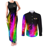 Personalized Colorful Neon Darts Couples Matching Tank Maxi Dress and Long Sleeve Button Shirt with Bold Abstract Background - Wonder Print Shop