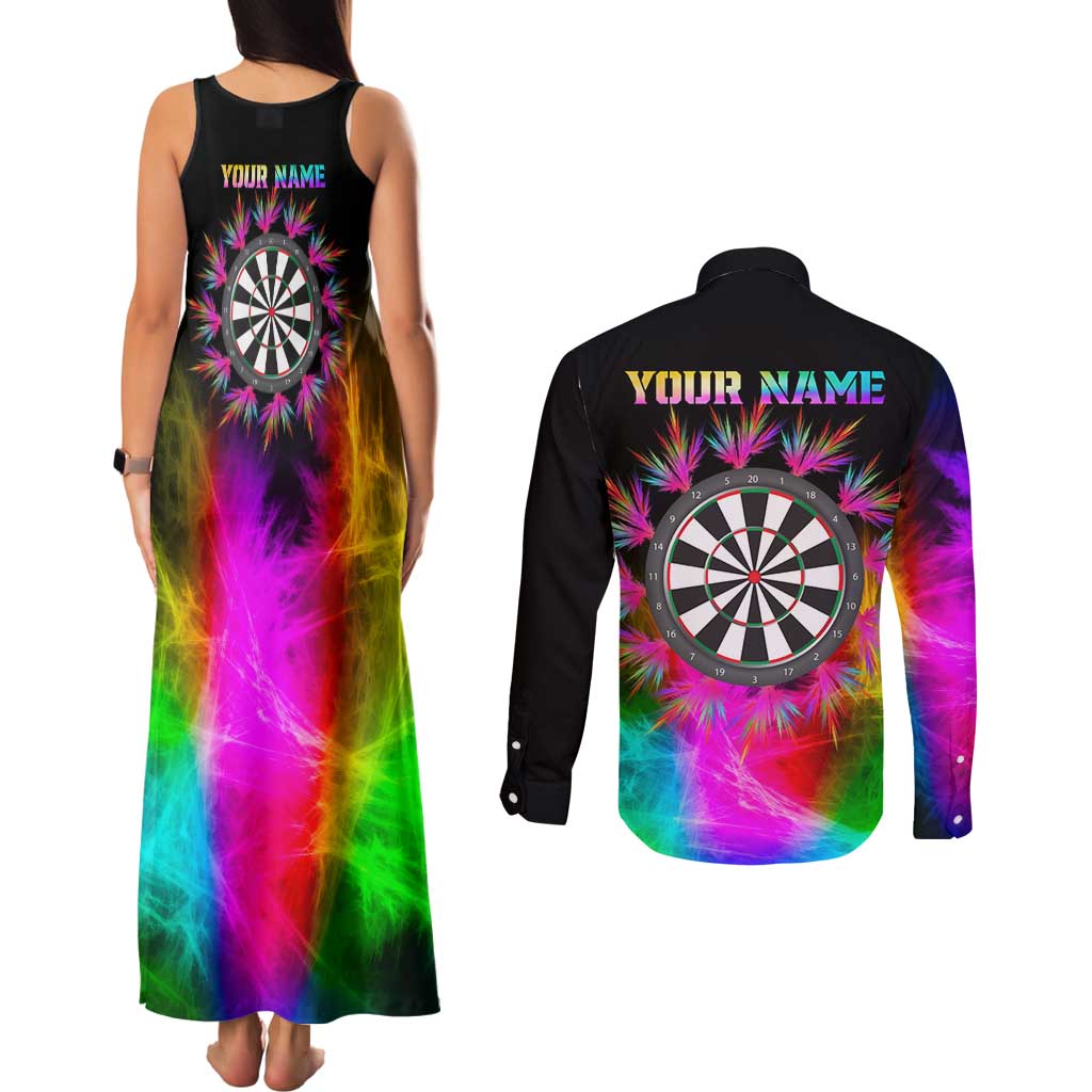 Personalized Colorful Neon Darts Couples Matching Tank Maxi Dress and Long Sleeve Button Shirt with Bold Abstract Background - Wonder Print Shop