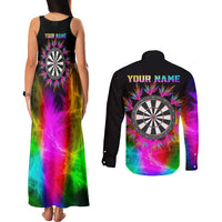 Personalized Colorful Neon Darts Couples Matching Tank Maxi Dress and Long Sleeve Button Shirt with Bold Abstract Background - Wonder Print Shop