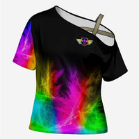 Personalized Colorful Neon Darts Cross Shoulder Shirt with Bold Abstract Background - Wonder Print Shop