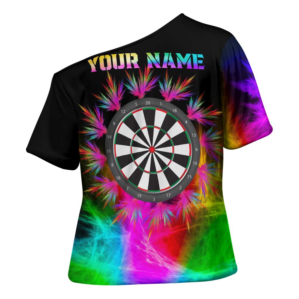 Personalized Colorful Neon Darts Cross Shoulder Shirt with Bold Abstract Background - Wonder Print Shop