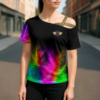 Personalized Colorful Neon Darts Cross Shoulder Shirt with Bold Abstract Background - Wonder Print Shop