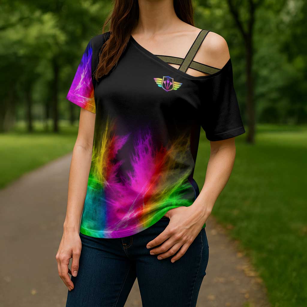 Personalized Colorful Neon Darts Cross Shoulder Shirt with Bold Abstract Background - Wonder Print Shop