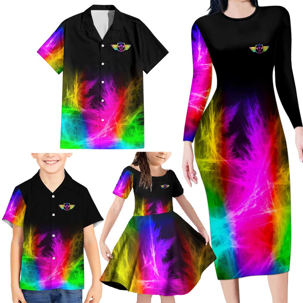 Personalized Colorful Neon Darts Family Matching Long Sleeve Bodycon Dress and Hawaiian Shirt with Bold Abstract Background - Wonder Print Shop