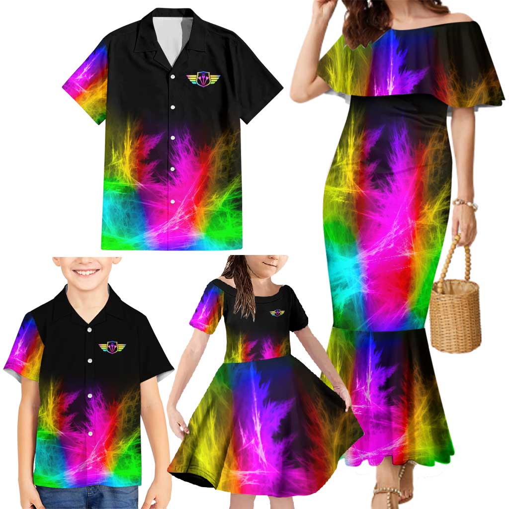 Personalized Colorful Neon Darts Family Matching Mermaid Dress and Hawaiian Shirt with Bold Abstract Background - Wonder Print Shop