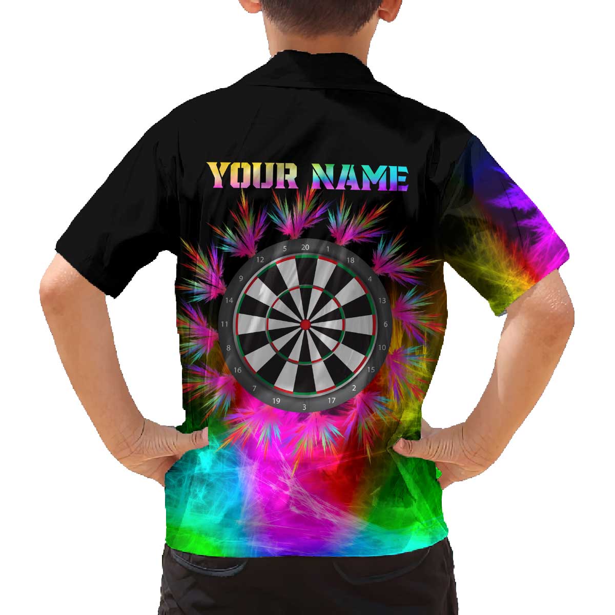 Personalized Colorful Neon Darts Family Matching Off The Shoulder Long Sleeve Dress and Hawaiian Shirt with Bold Abstract Background - Wonder Print Shop