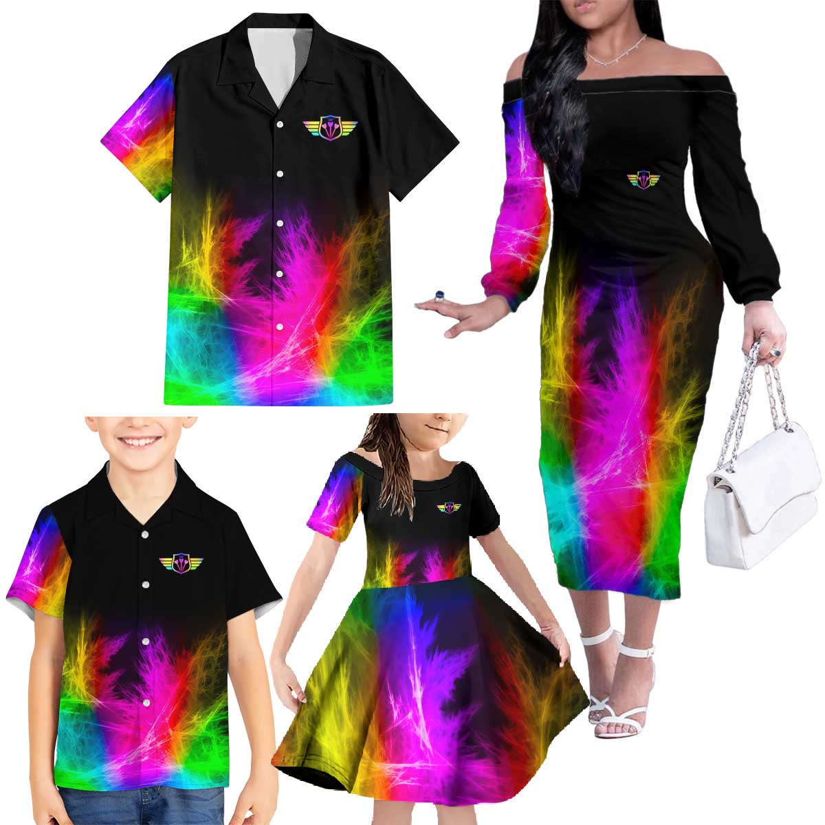 Personalized Colorful Neon Darts Family Matching Off The Shoulder Long Sleeve Dress and Hawaiian Shirt with Bold Abstract Background - Wonder Print Shop
