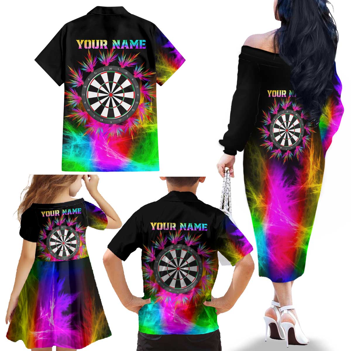 Personalized Colorful Neon Darts Family Matching Off The Shoulder Long Sleeve Dress and Hawaiian Shirt with Bold Abstract Background - Wonder Print Shop