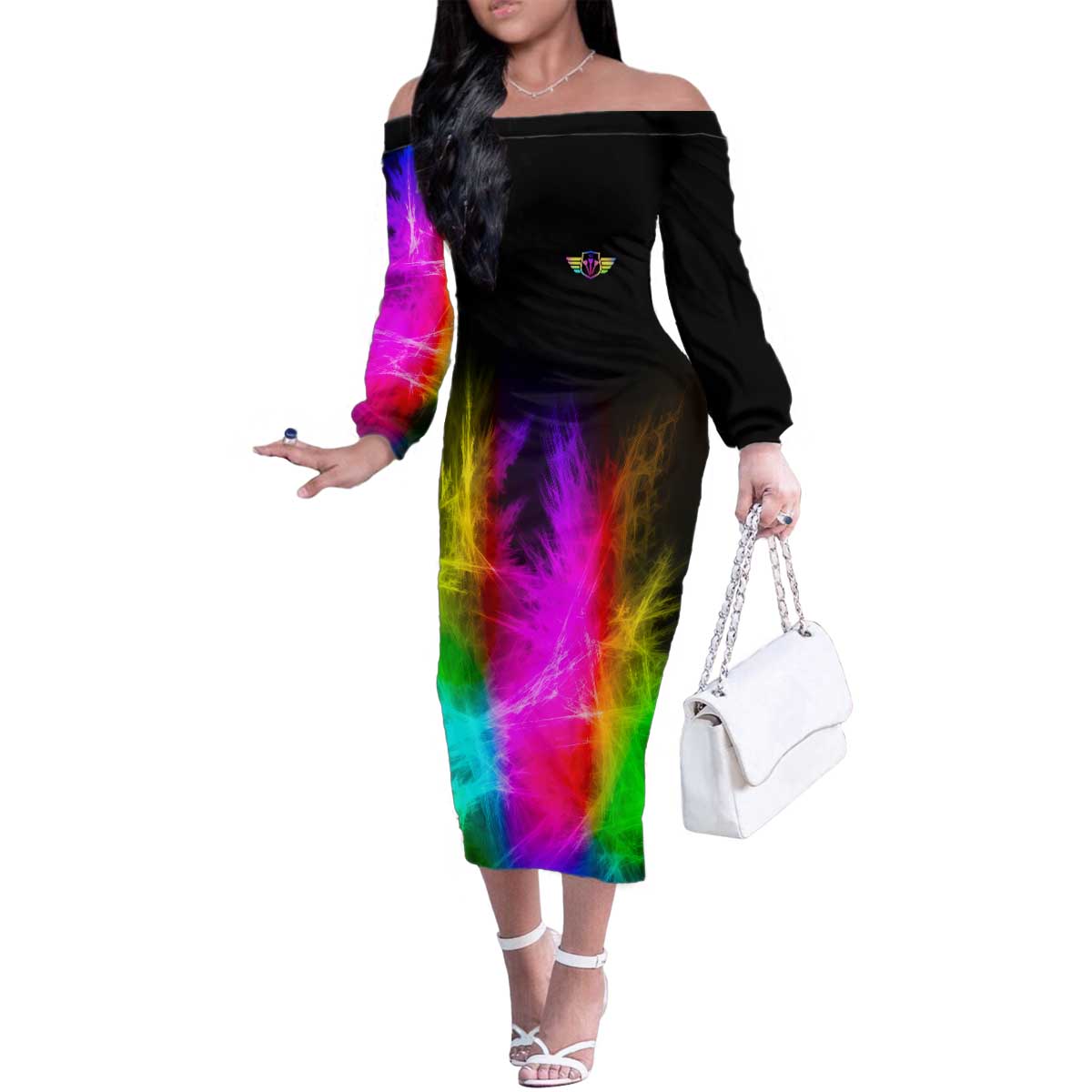 Personalized Colorful Neon Darts Family Matching Off The Shoulder Long Sleeve Dress and Hawaiian Shirt with Bold Abstract Background - Wonder Print Shop