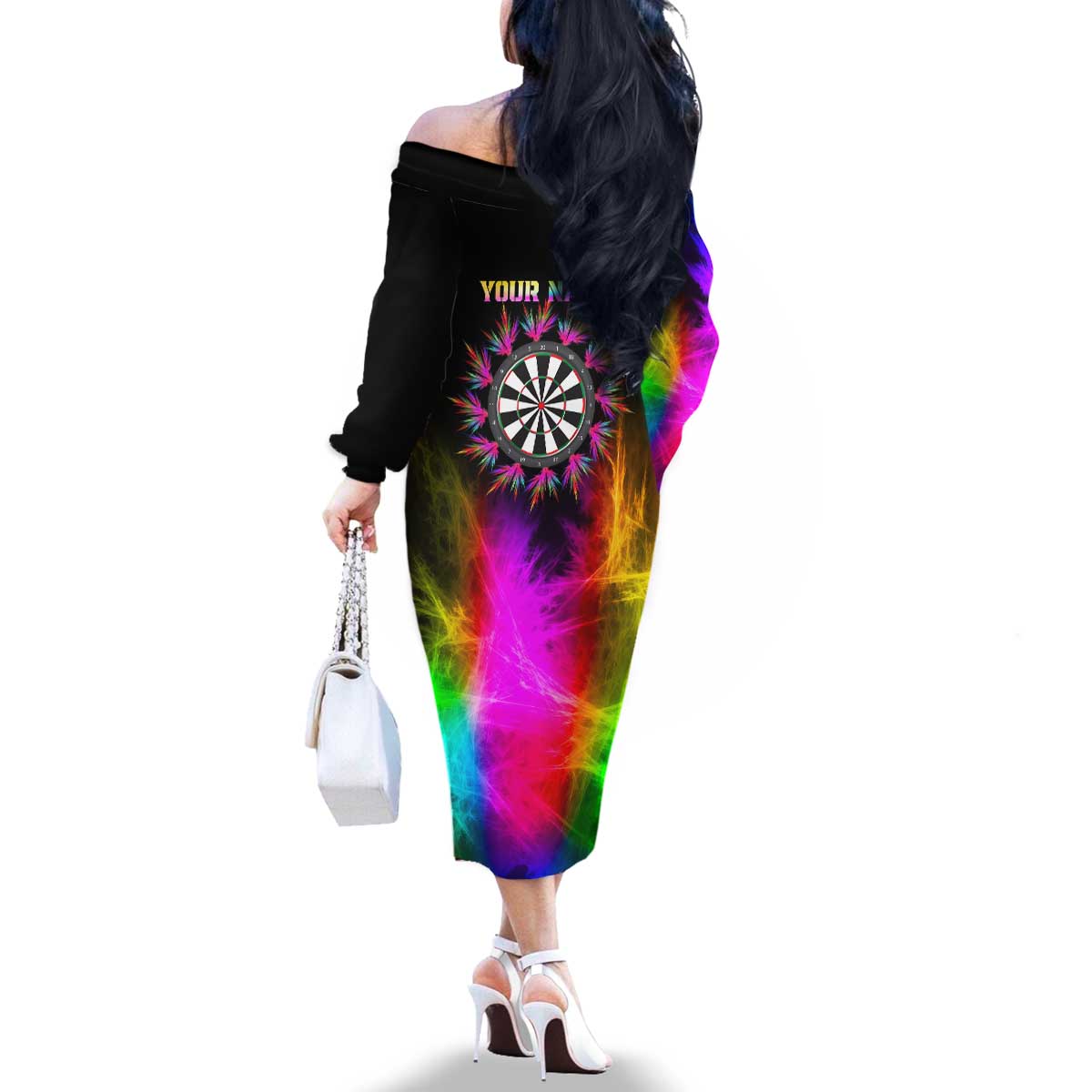 Personalized Colorful Neon Darts Family Matching Off The Shoulder Long Sleeve Dress and Hawaiian Shirt with Bold Abstract Background - Wonder Print Shop