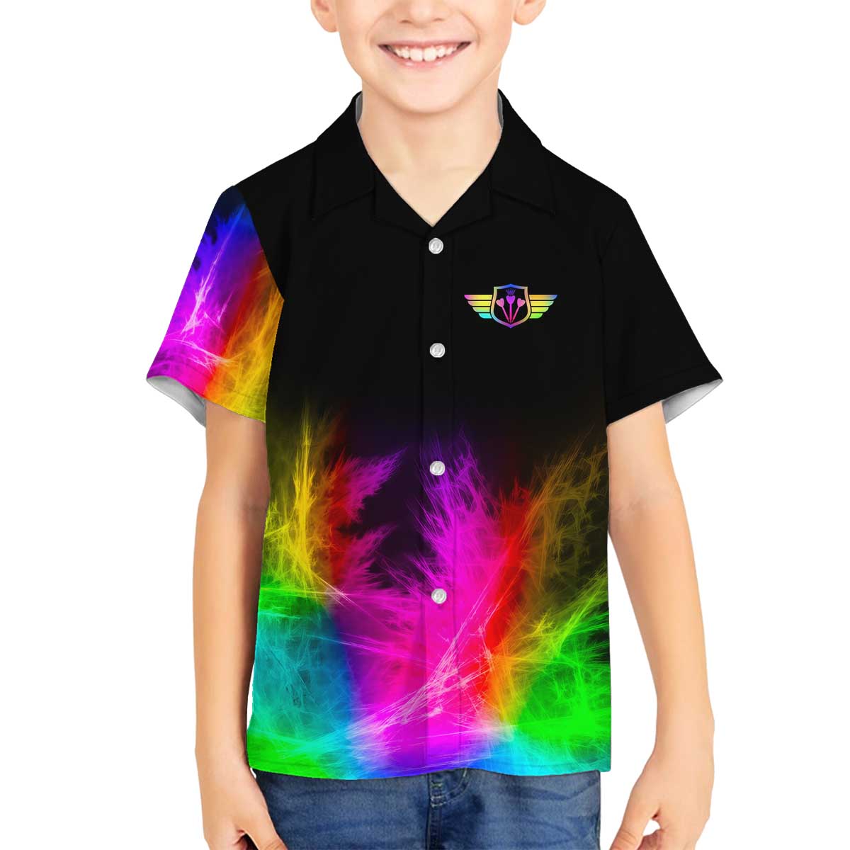 Personalized Colorful Neon Darts Family Matching Off The Shoulder Long Sleeve Dress and Hawaiian Shirt with Bold Abstract Background - Wonder Print Shop