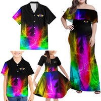 Personalized Colorful Neon Darts Family Matching Off Shoulder Maxi Dress and Hawaiian Shirt with Bold Abstract Background - Wonder Print Shop