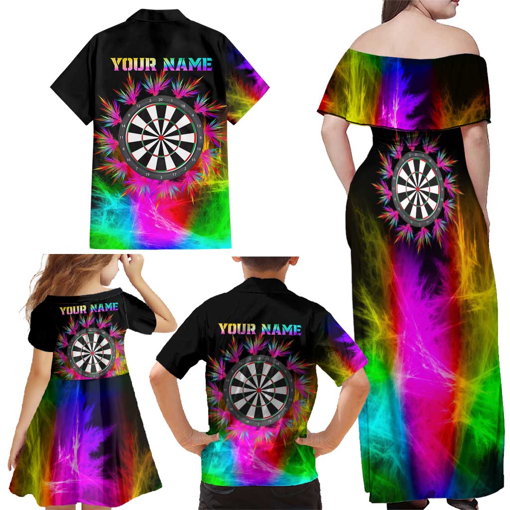 Personalized Colorful Neon Darts Family Matching Off Shoulder Maxi Dress and Hawaiian Shirt with Bold Abstract Background - Wonder Print Shop