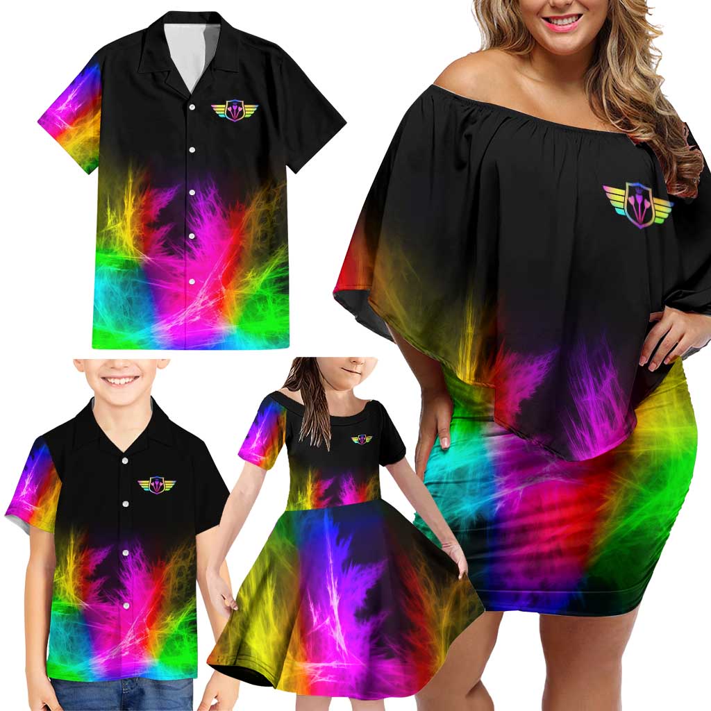Personalized Colorful Neon Darts Family Matching Off Shoulder Short Dress and Hawaiian Shirt with Bold Abstract Background - Wonder Print Shop