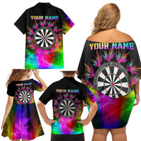 Personalized Colorful Neon Darts Family Matching Off Shoulder Short Dress and Hawaiian Shirt with Bold Abstract Background - Wonder Print Shop