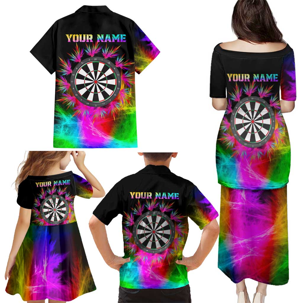 Personalized Colorful Neon Darts Family Matching Puletasi and Hawaiian Shirt with Bold Abstract Background - Wonder Print Shop