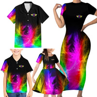 Personalized Colorful Neon Darts Family Matching Short Sleeve Bodycon Dress and Hawaiian Shirt with Bold Abstract Background - Wonder Print Shop