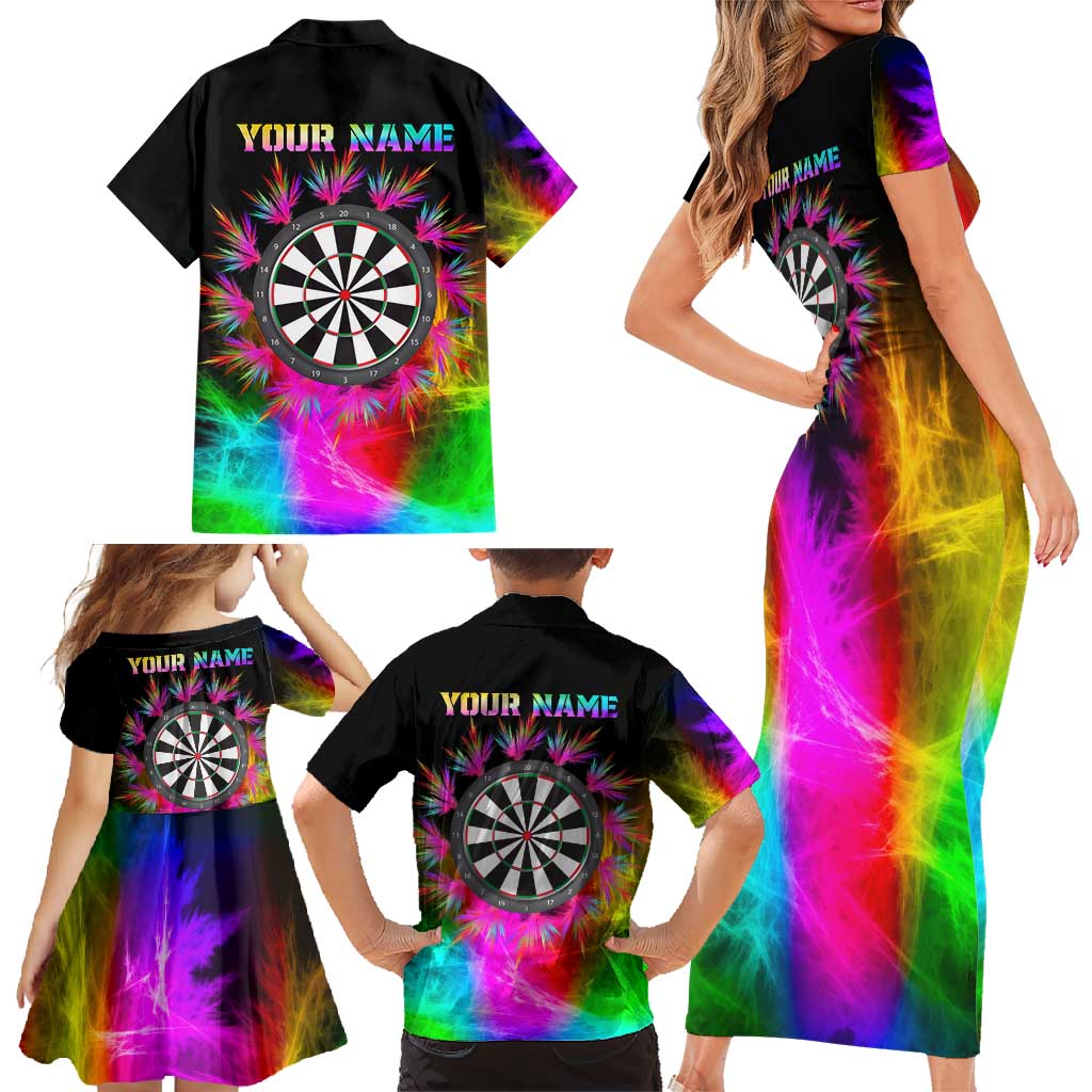 Personalized Colorful Neon Darts Family Matching Short Sleeve Bodycon Dress and Hawaiian Shirt with Bold Abstract Background - Wonder Print Shop
