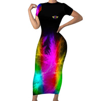 Personalized Colorful Neon Darts Family Matching Short Sleeve Bodycon Dress and Hawaiian Shirt with Bold Abstract Background - Wonder Print Shop