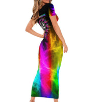 Personalized Colorful Neon Darts Family Matching Short Sleeve Bodycon Dress and Hawaiian Shirt with Bold Abstract Background - Wonder Print Shop