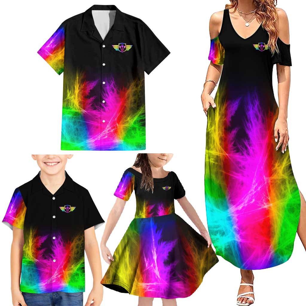 Personalized Colorful Neon Darts Family Matching Summer Maxi Dress and Hawaiian Shirt with Bold Abstract Background - Wonder Print Shop