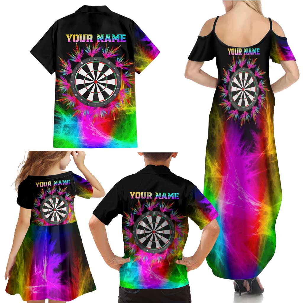 Personalized Colorful Neon Darts Family Matching Summer Maxi Dress and Hawaiian Shirt with Bold Abstract Background - Wonder Print Shop