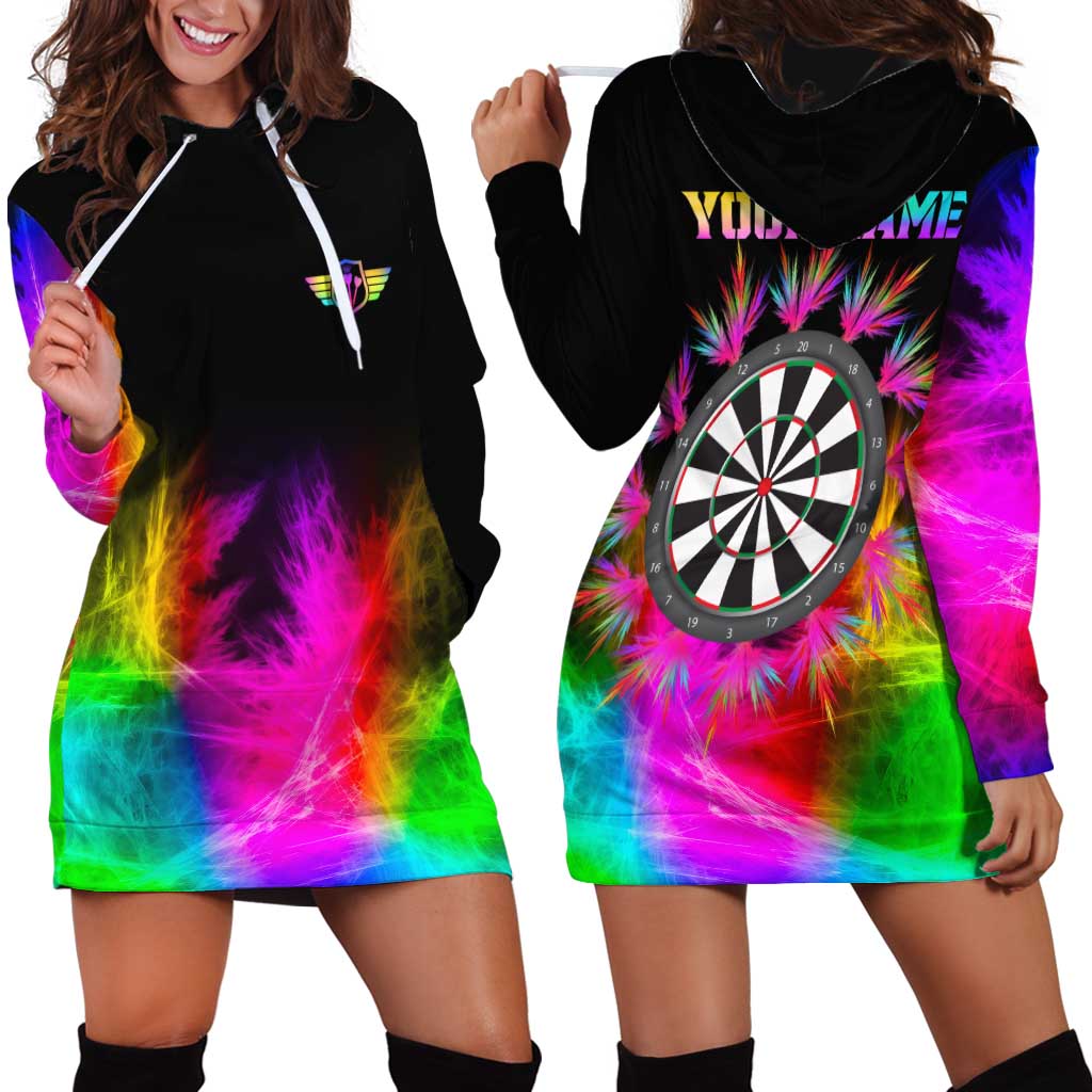 Personalized Colorful Neon Darts Hoodie Dress with Bold Abstract Background - Wonder Print Shop