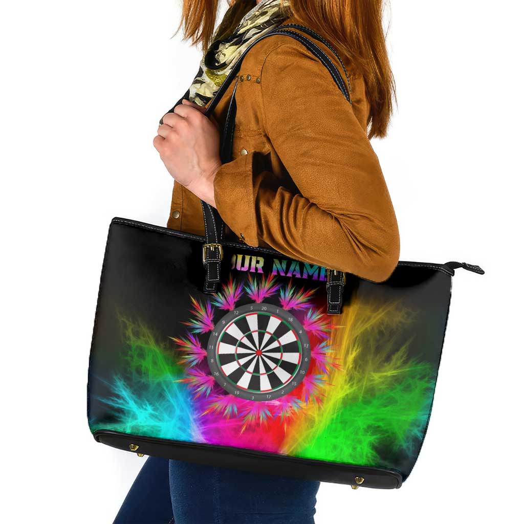 Personalized Colorful Neon Darts Leather Tote Bag with Bold Abstract Background - Wonder Print Shop