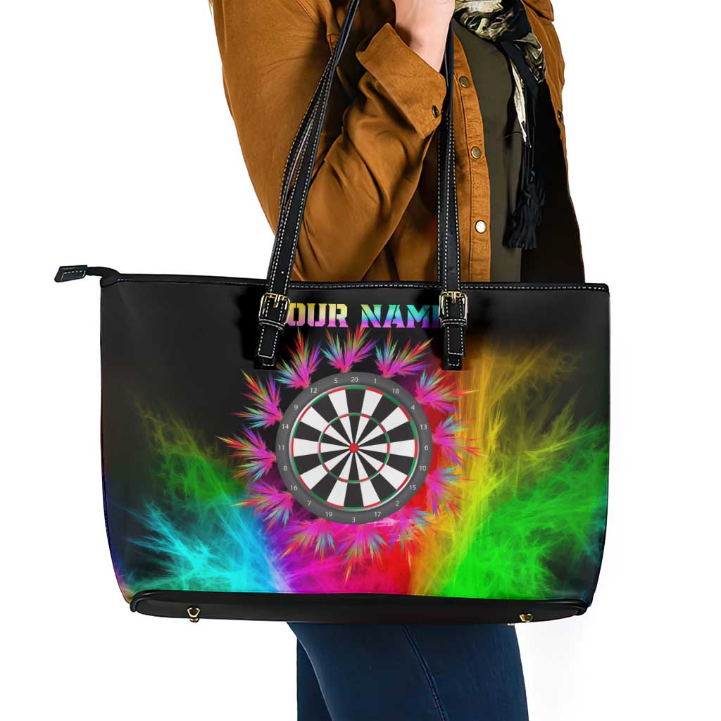 Personalized Colorful Neon Darts Leather Tote Bag with Bold Abstract Background - Wonder Print Shop
