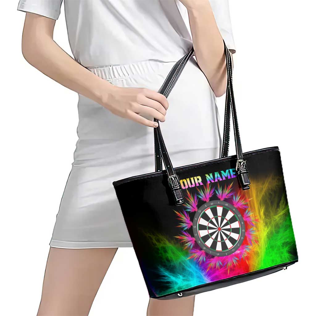 Personalized Colorful Neon Darts Leather Tote Bag with Bold Abstract Background - Wonder Print Shop