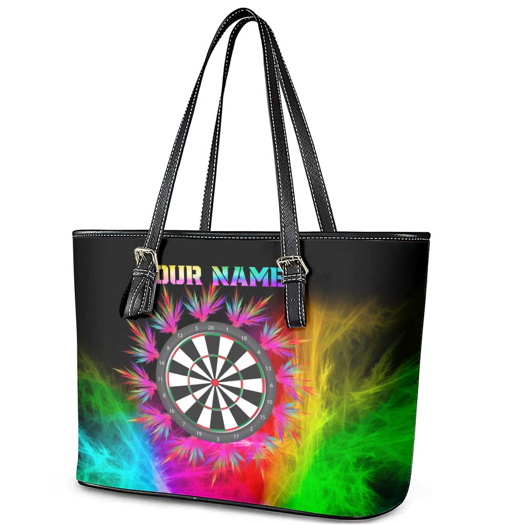 Personalized Colorful Neon Darts Leather Tote Bag with Bold Abstract Background - Wonder Print Shop