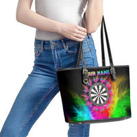Personalized Colorful Neon Darts Leather Tote Bag with Bold Abstract Background - Wonder Print Shop