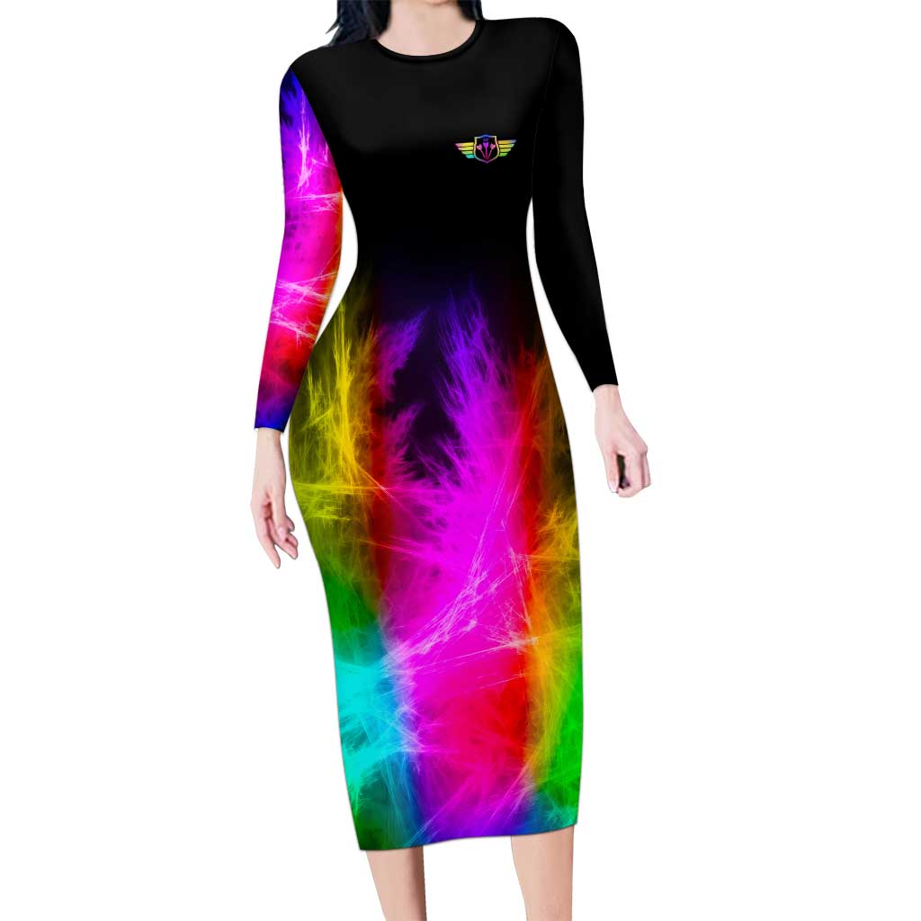 Personalized Colorful Neon Darts Long Sleeve Bodycon Dress with Bold Abstract Background - Wonder Print Shop