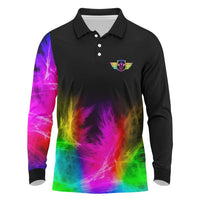 Personalized Colorful Neon Darts Long Sleeve Polo Shirt with Bold Abstract Background - Wonder Print Shop