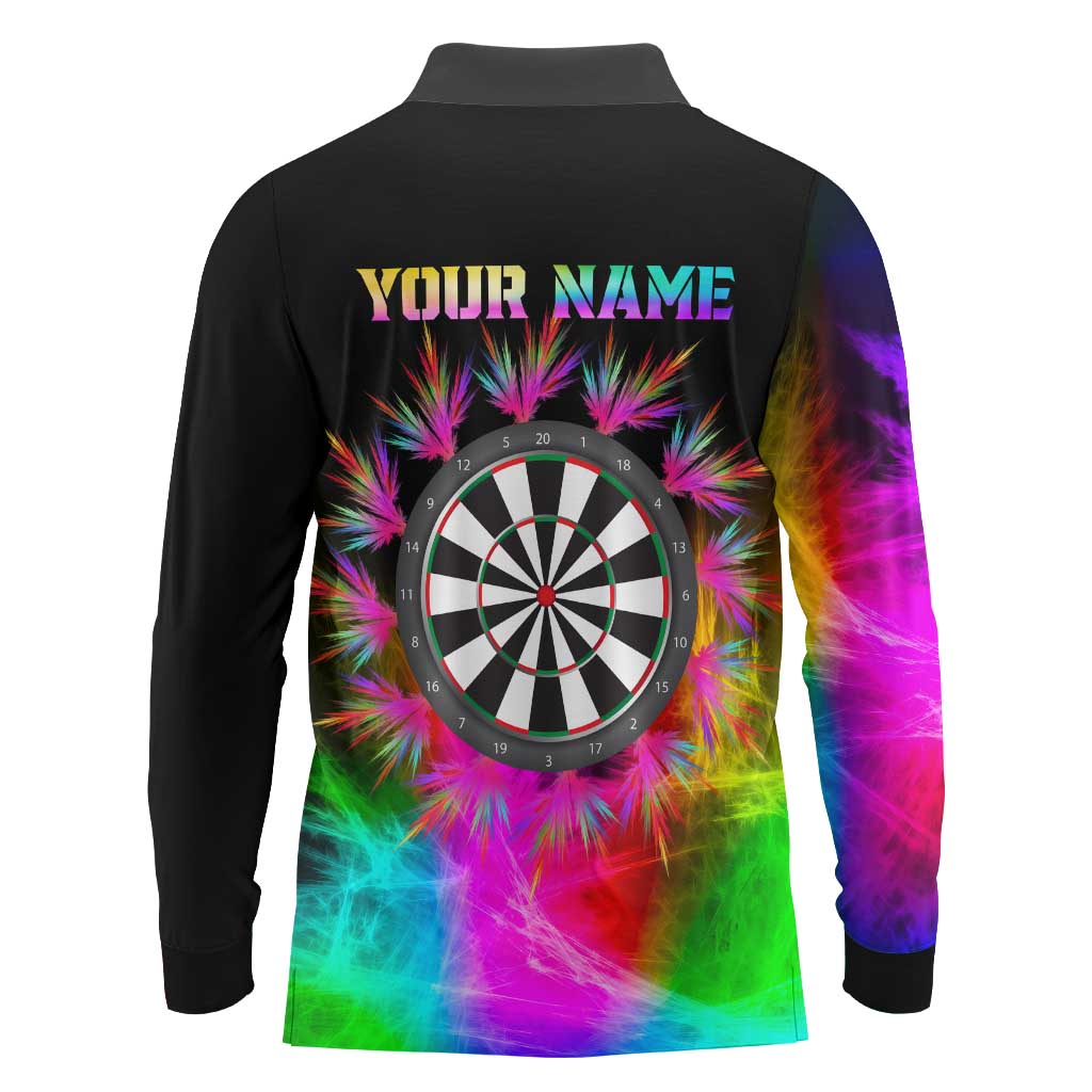 Personalized Colorful Neon Darts Long Sleeve Polo Shirt with Bold Abstract Background - Wonder Print Shop