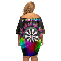 Personalized Colorful Neon Darts Off Shoulder Short Dress with Bold Abstract Background - Wonder Print Shop